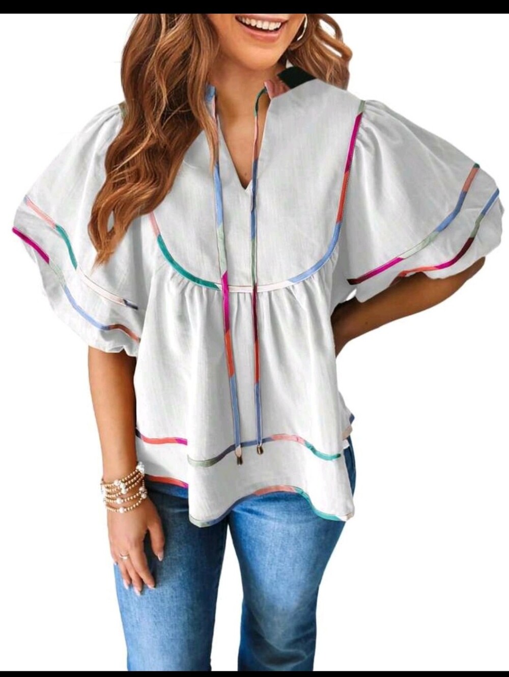 Fnortc Casusl Woman Tie Neck Bishop Sleeve T-shirt With Lace